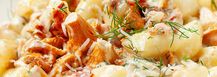 Kopytka z boczkiem i kurkami w sosie koperkowym