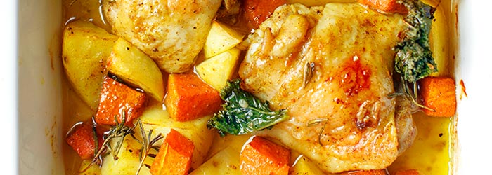 Pieczone udka curry z dynią i ziemniakami