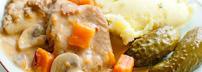 Schab w sosie z dynią i pieczarkami